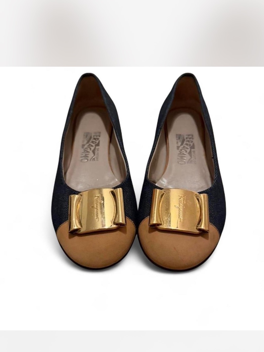 Salvatore Ferragamo Denim & Suede Cap Toe Flats - Gold Buckle